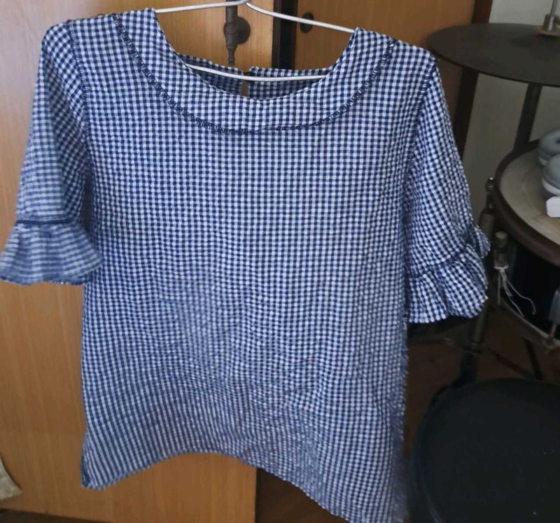Blue Gingham Top with Ruffle Sleeves