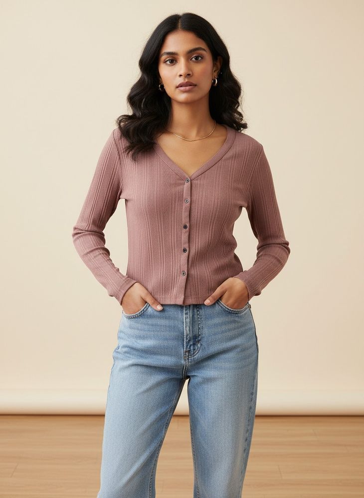 Mauve Ribbed Button-Front Top