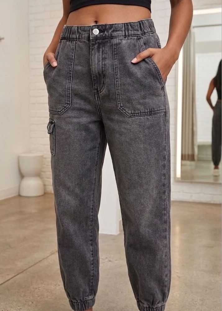 Grey Denim Cargo Jogger Pants