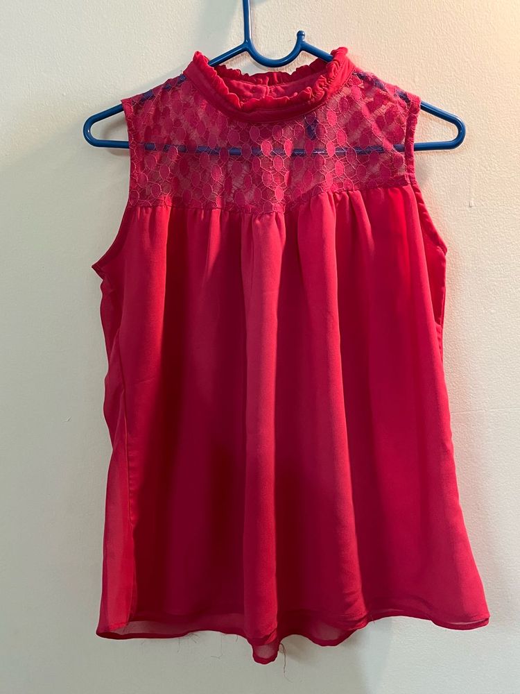 Chic Pink Lace Neck Sleeveless Top