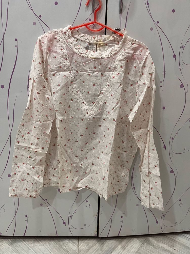 White Floral Print V-Neck Top