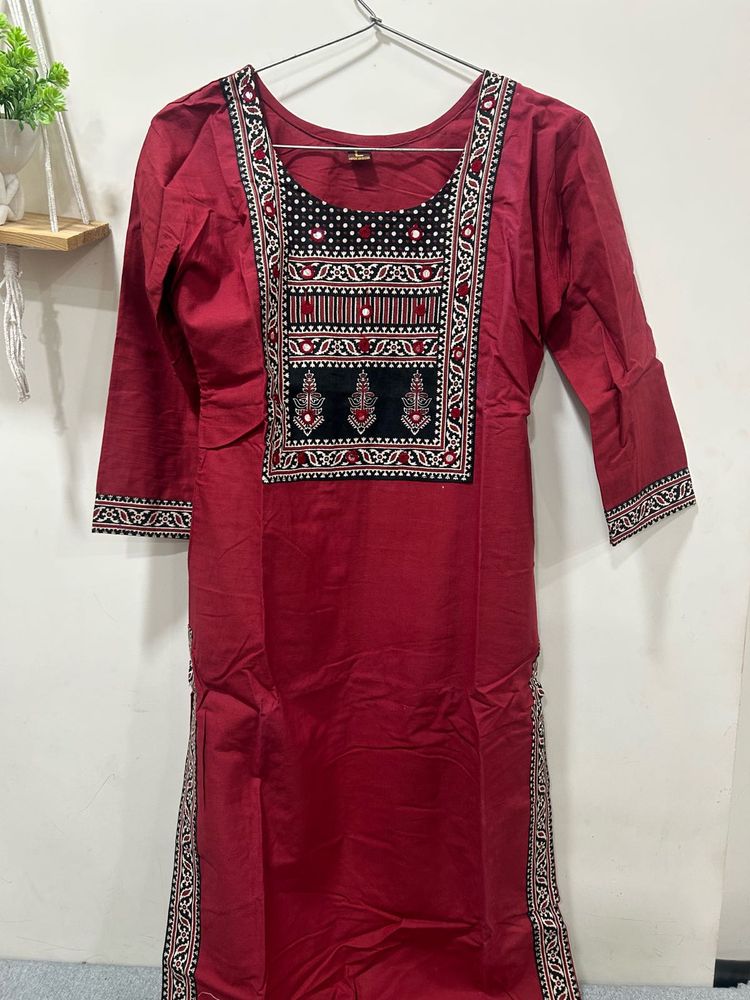 Beautiful Red Embroidered Kurta with bottom