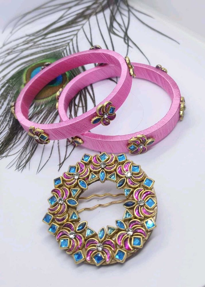 Elegant silk thread bangles with upin combo set