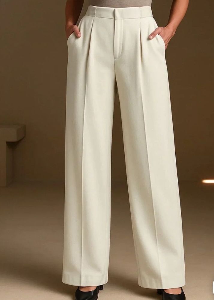 Cream Wide Leg Pleated Trousers