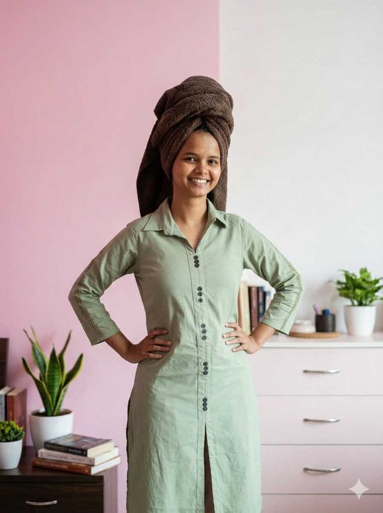 Comfortable Light Green Kurta with Button Detail
