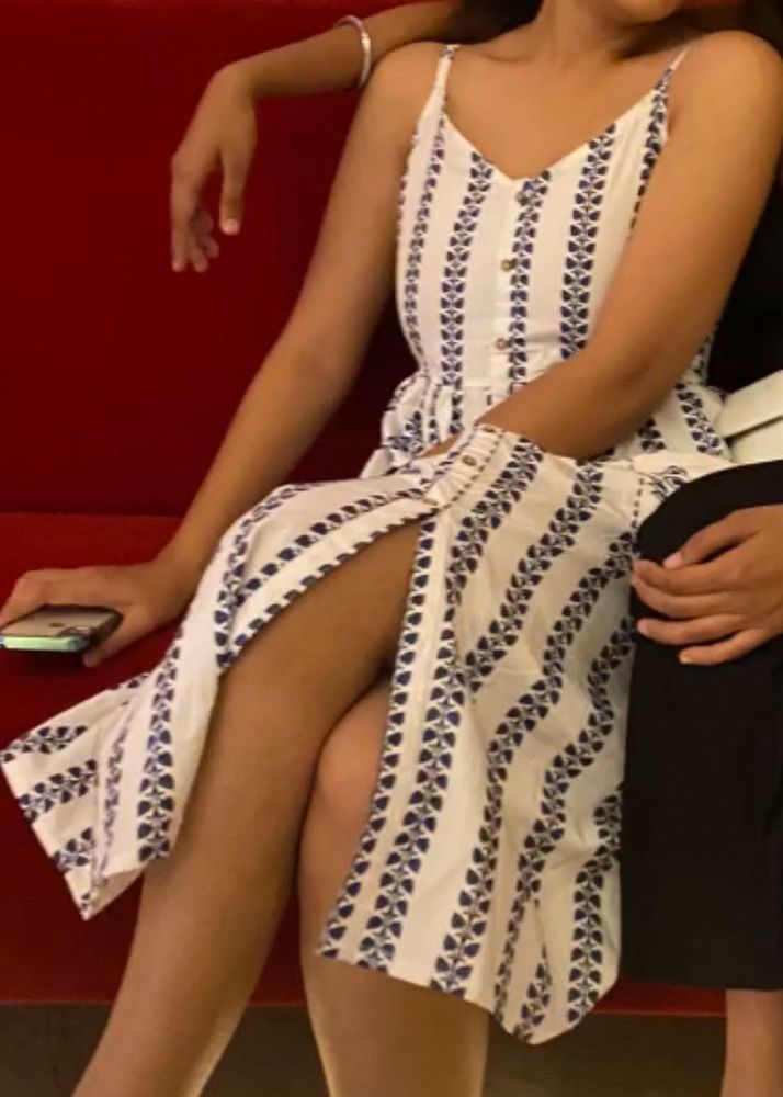 White &amp; Blue Striped Midi Dress