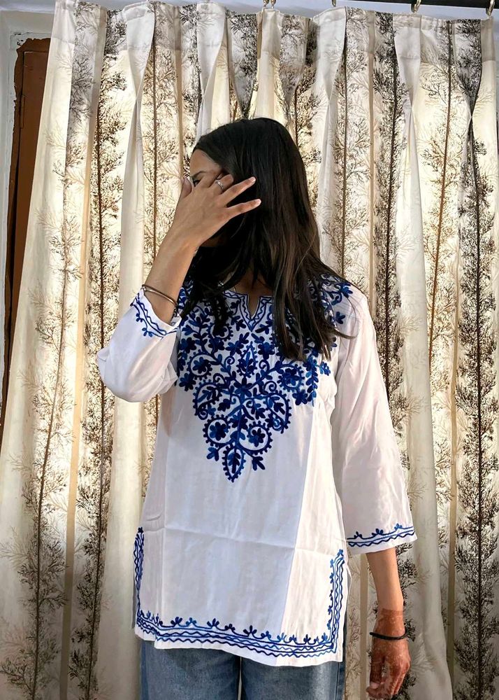 Embroidered White And Blue Short Kurti 🤍💙