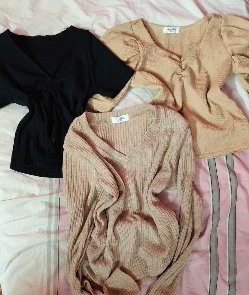 2 Ribbed Knit Tops - Black &amp; Beige