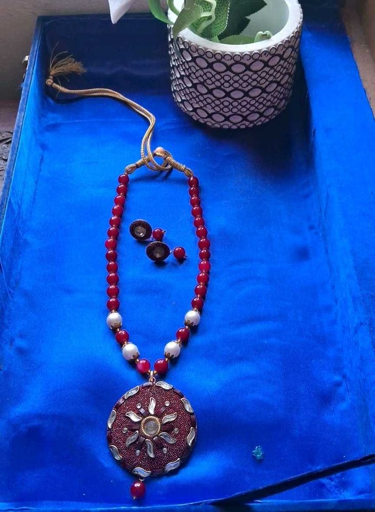 Designer Red Beaded Necklace with Earrings