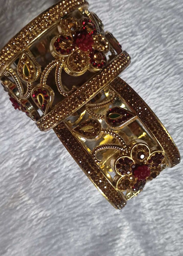 Elegant Gold &amp; Red Stone Bangle Set