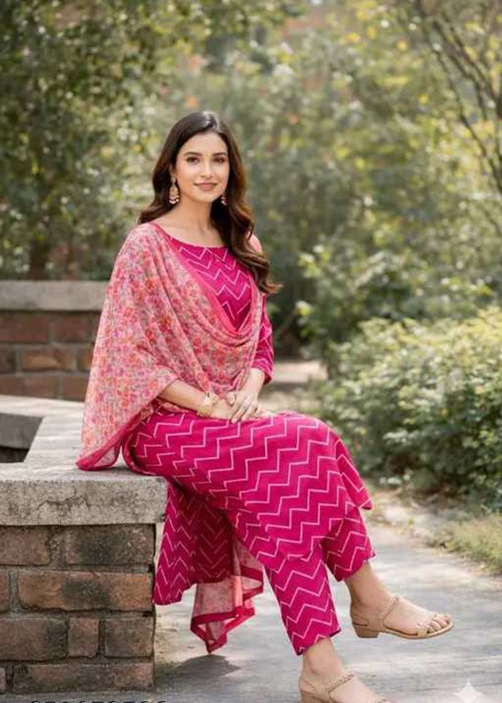 Stylish Pink Chevron Kurta Set