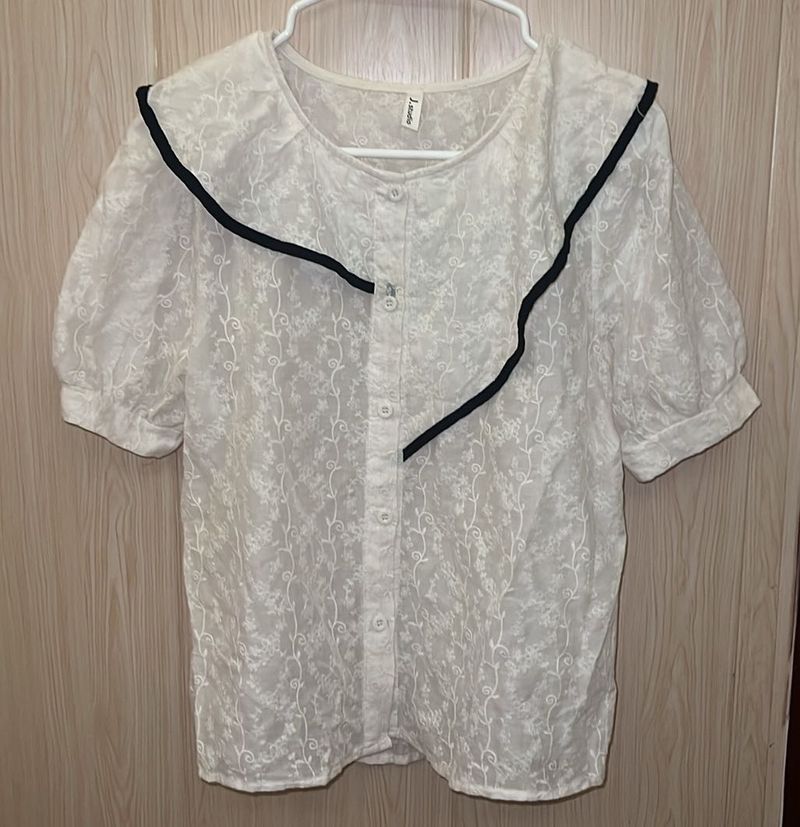 Korean White Embroidered Puff Sleeve Blouse