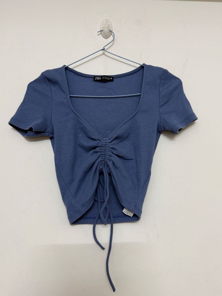 Blue Ruched Drawstring Crop Top