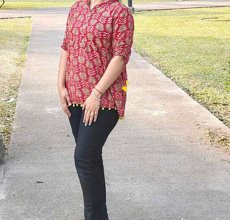 Maroon Block Print Kurta with Tassels