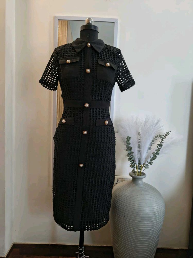 Chic Black Crochet Button-Up Dress