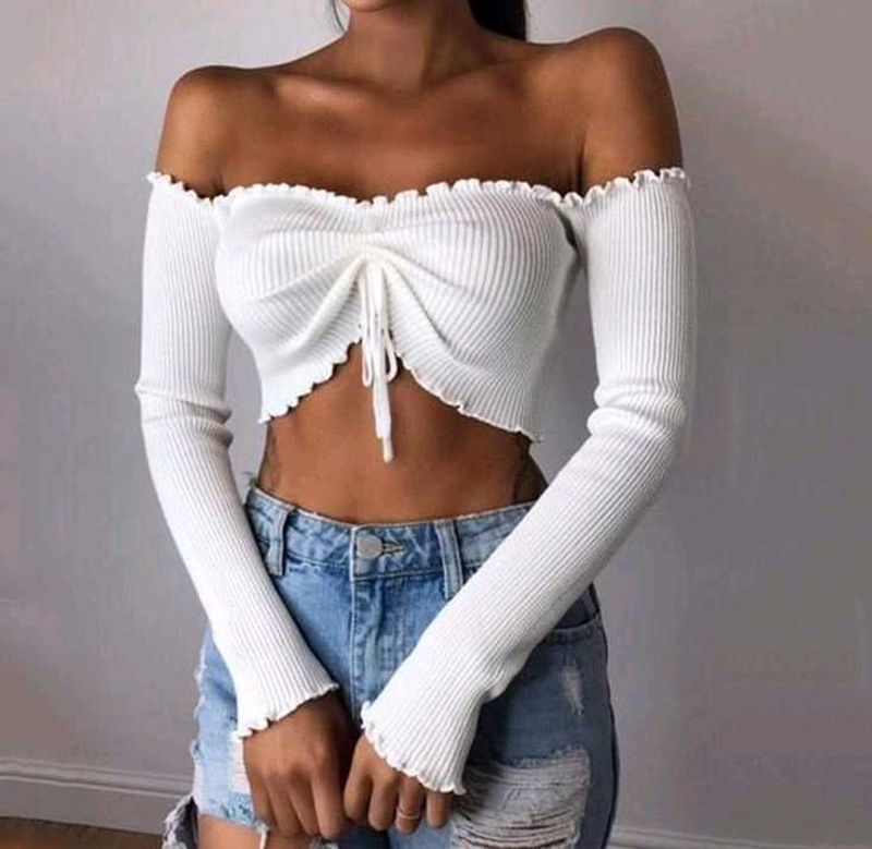 White Off-Shoulder Ribbed Crop Top