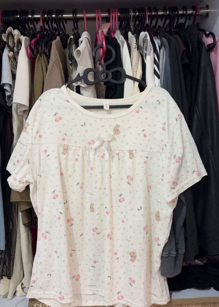 Cute Cherry &amp; Bear Print Pajama Top
