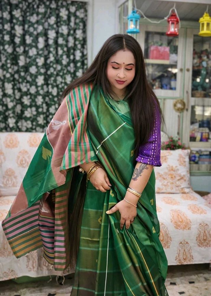 Elegant Green Pure Bishnupuri Silk Kalakhetra Hand