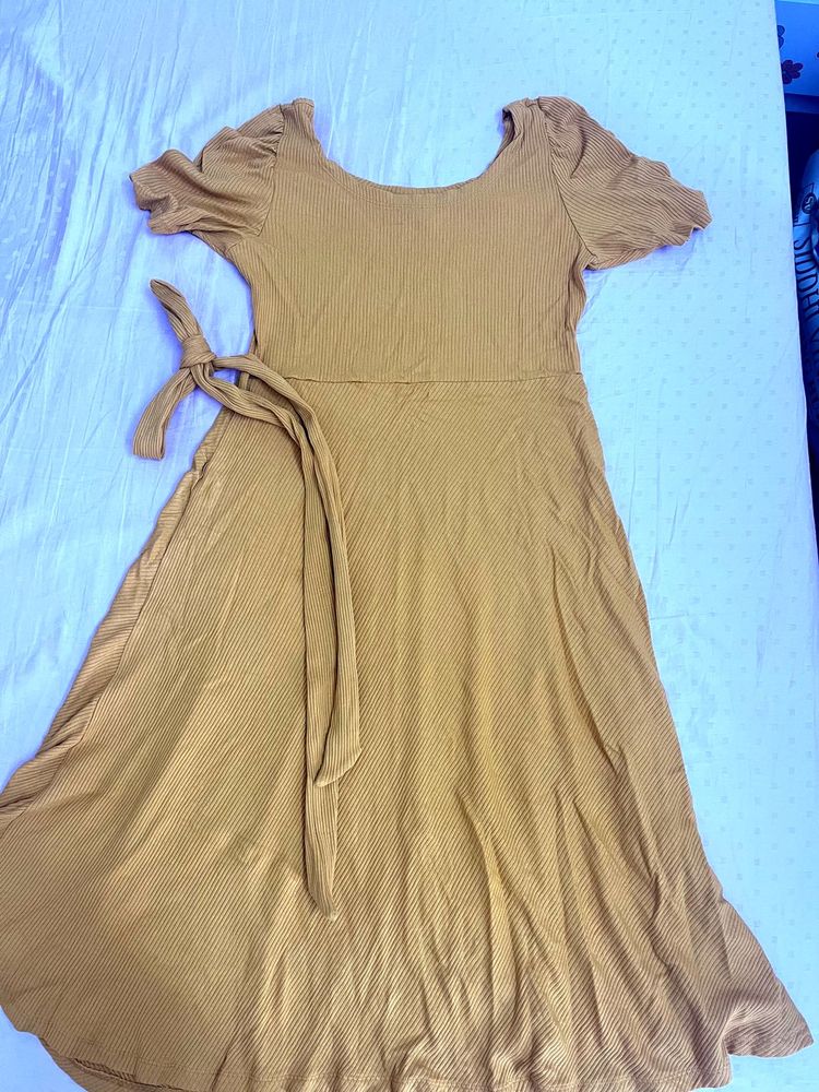 Mustard Midi Dress with Tie Waist