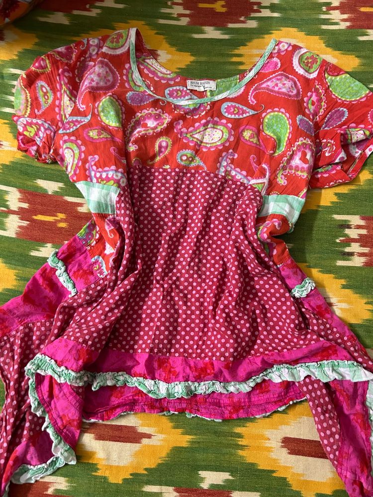 Whimsical Paisley &amp; Polka Dot Ruffled Kurta