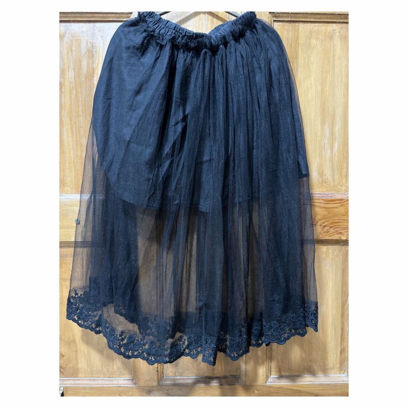 Black Tulle Midi Skirt with Lace Trim