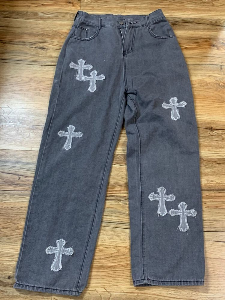Stylish Grey Jeans with Cross Patches