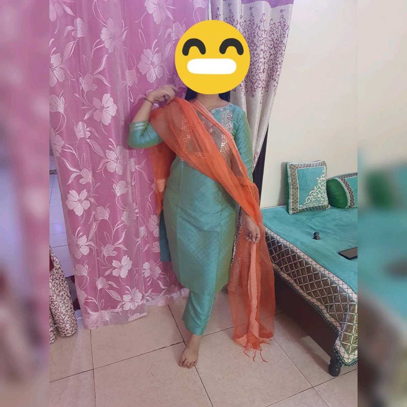 Elegant Teal Kurta Set with Orange Dupatta