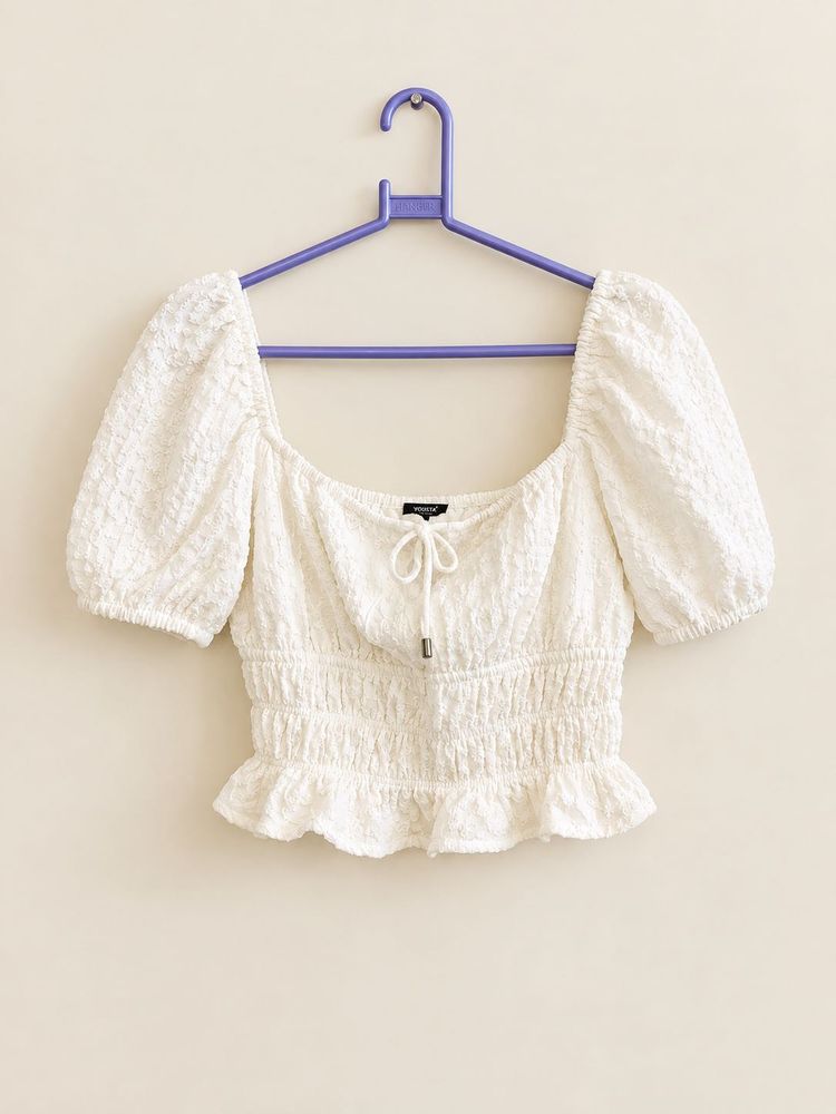 White Textured Square Neck Top