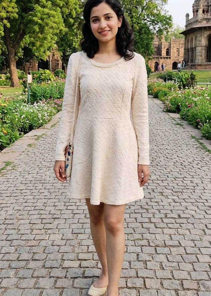 Cream Textured Fit &amp; Flare Dress