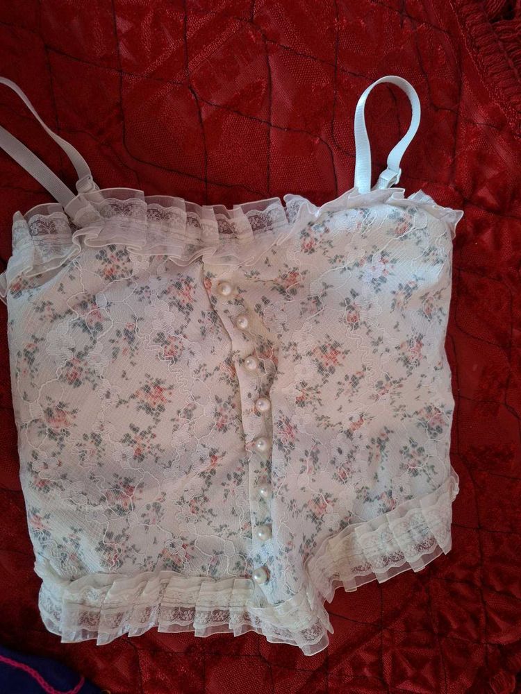 Sweet Floral Lace Trim Camisole Top