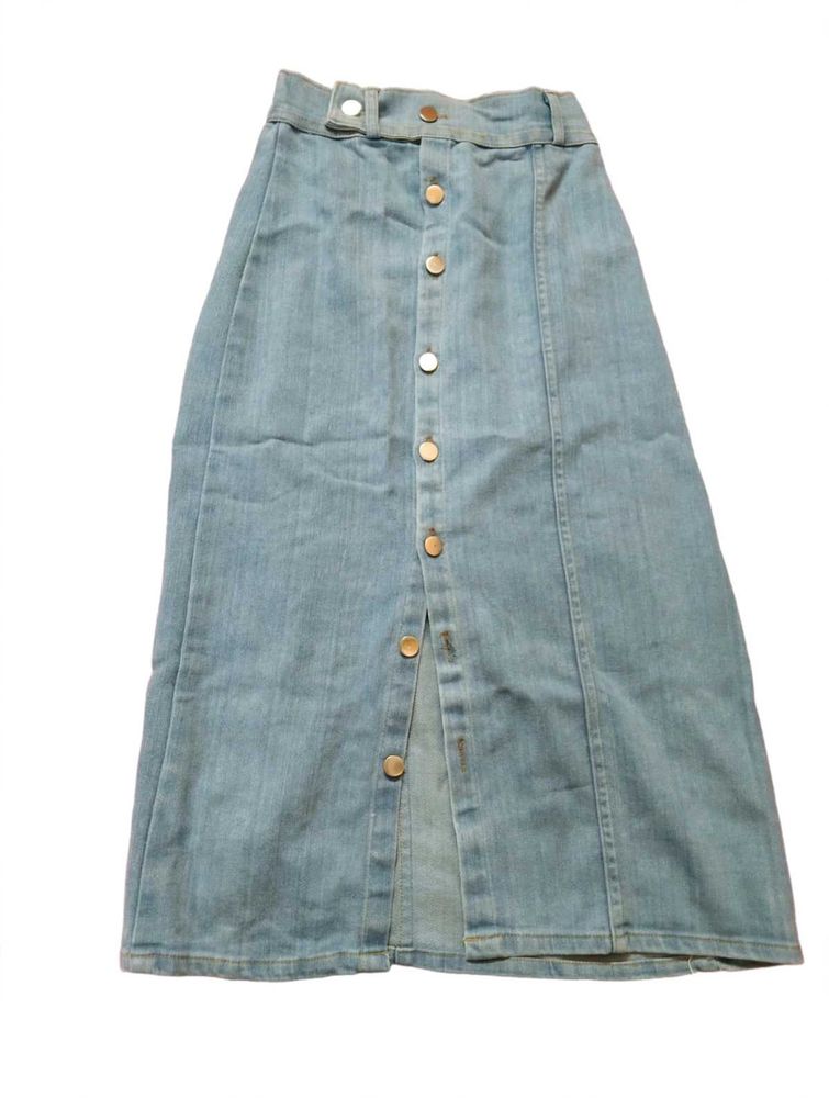 Light Wash Denim Button-Up Midi Skirt
