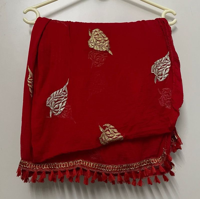 Red Dupatta with Gold and Silver Embroidery