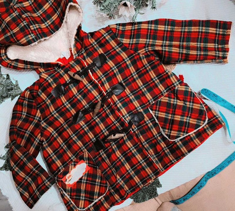 Red Plaid Toggle Winter Coat