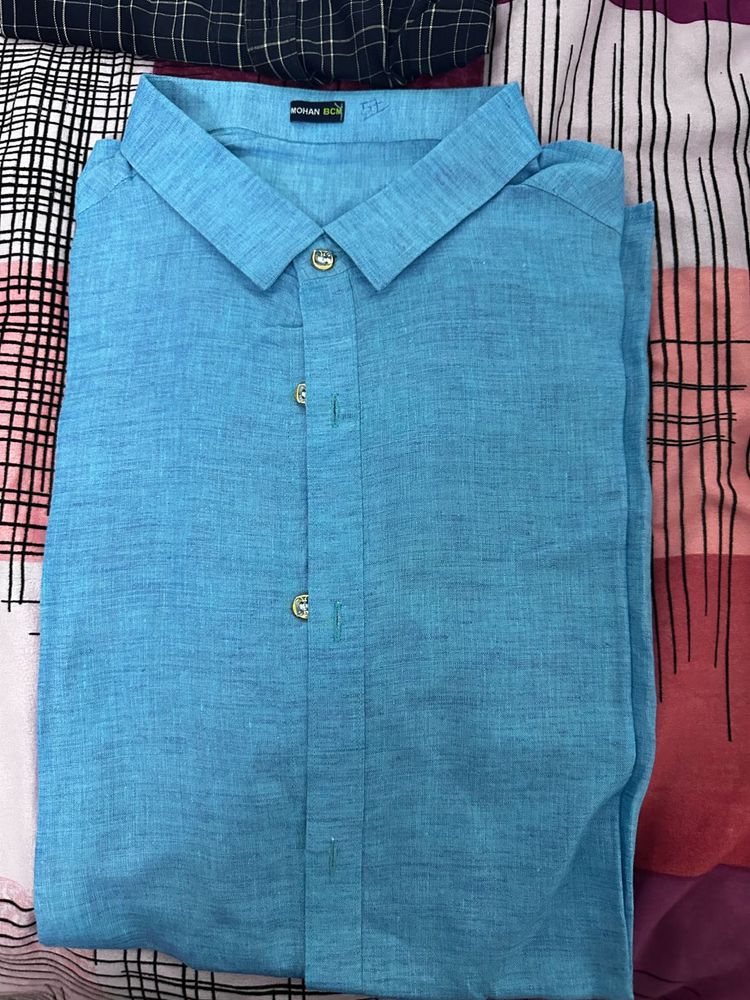 Blue Linen Button-Down Shirt