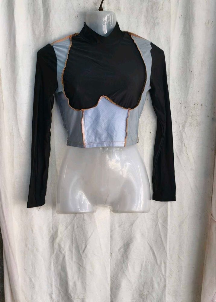 I. Unique Patchwork Long Sleeve Crop Top