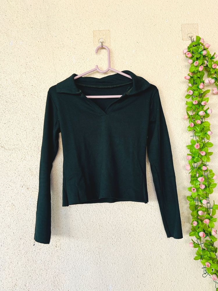 Dark Green Collared Long Sleeve Top