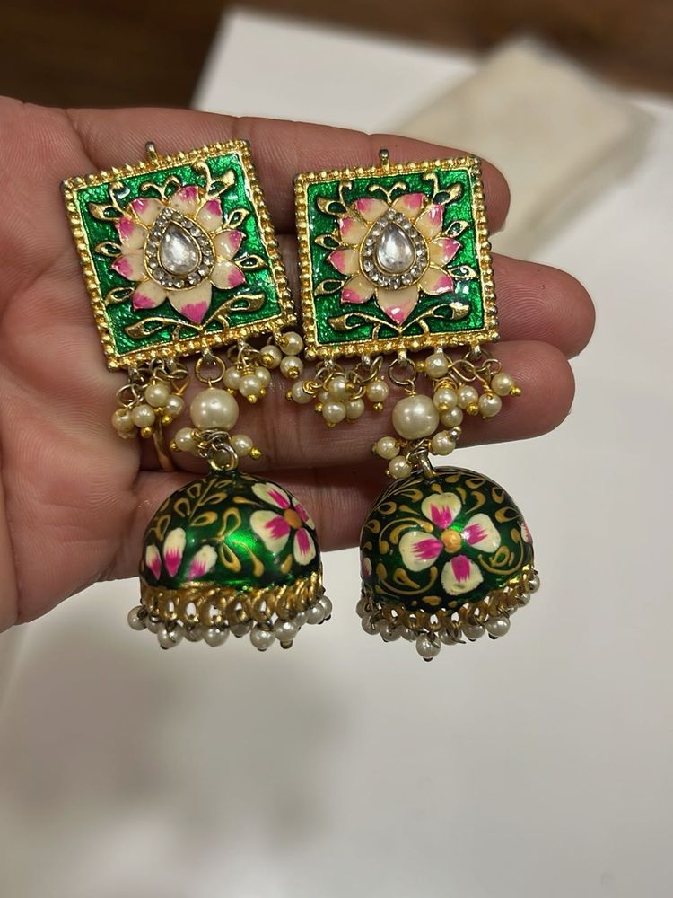 Beautiful Green Handpainted Jhumka Earrings