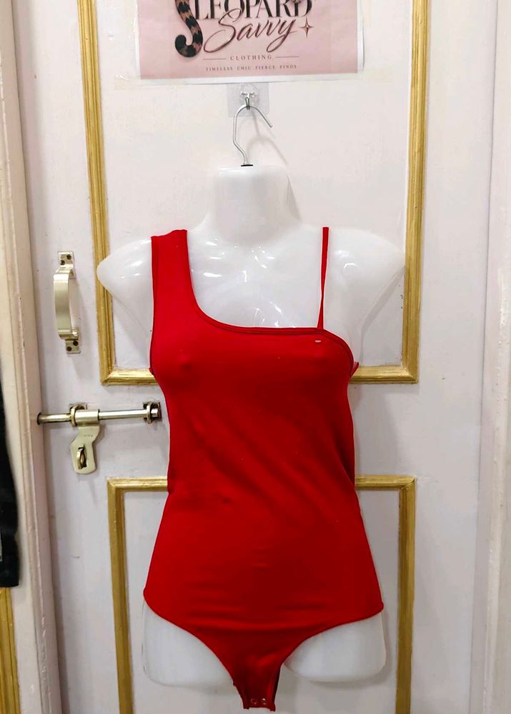 Chic Red One-Shoulder Bodysuit Top