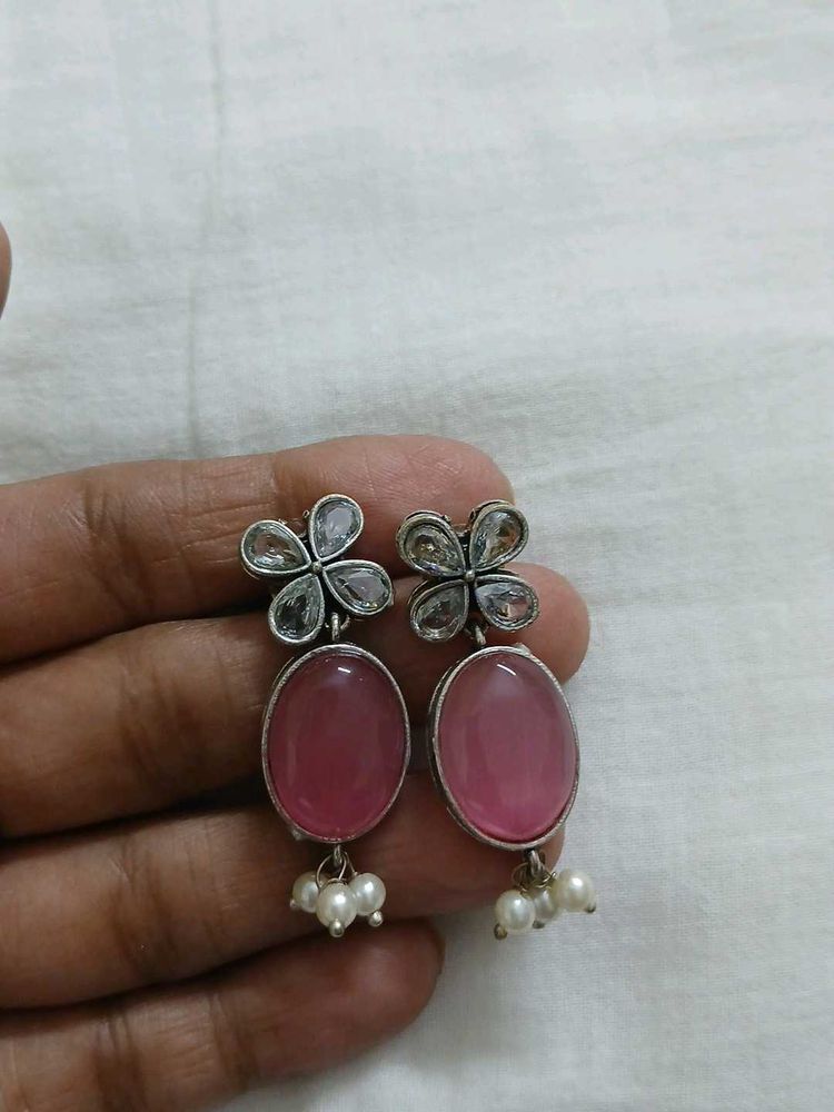 Elegant Pink Stone Earrings with Pearl Drops