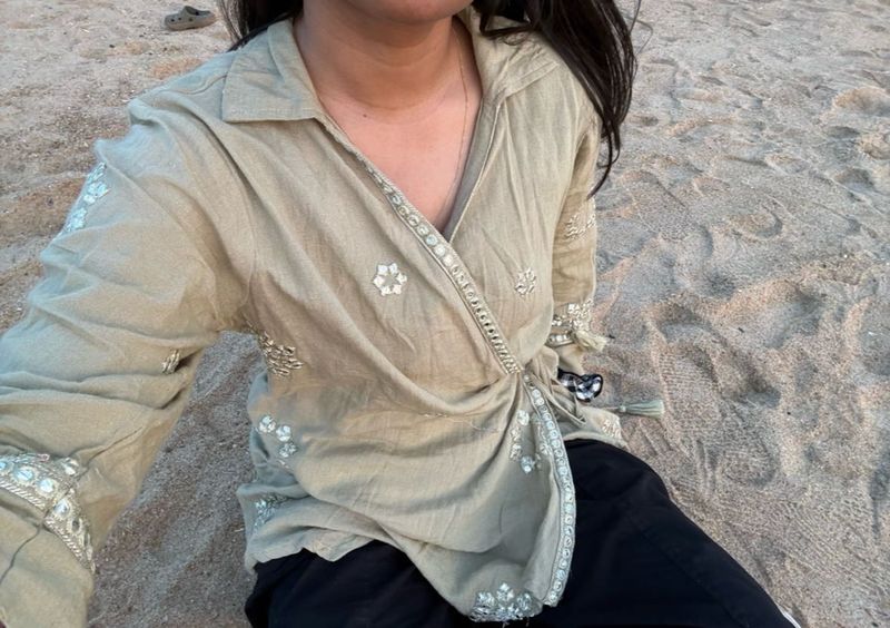 Sage Green Embroidered Top/kurti with Tie Waist