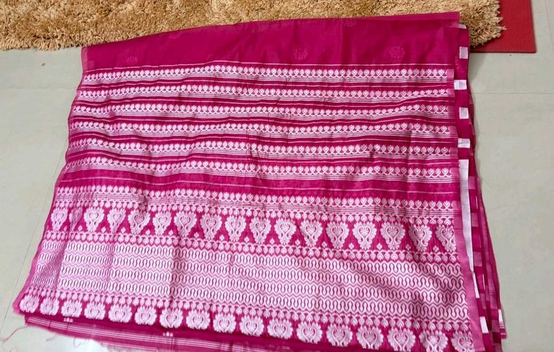 Assam Saree Vibrant Pink with White Mot