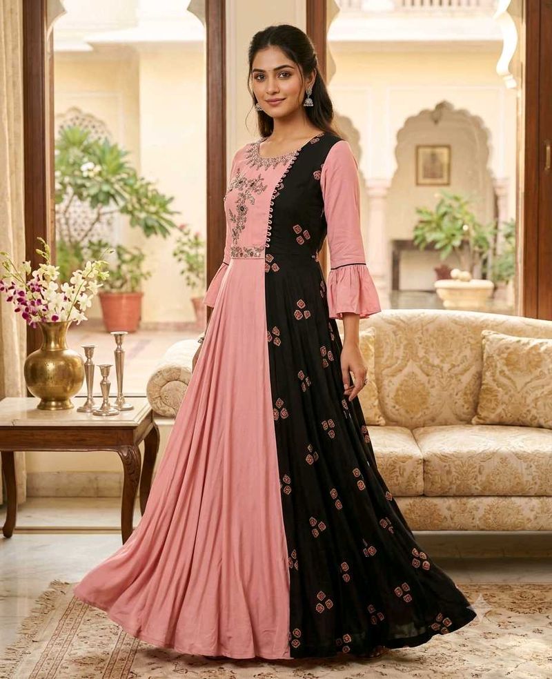 Elegant Pink &amp; Black Anarkali Gown