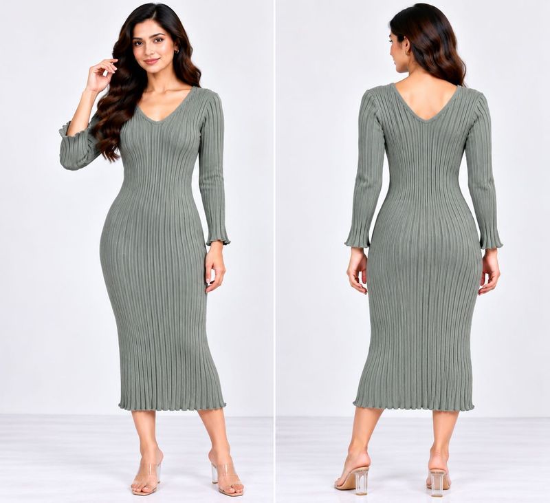 Ribbed Knit V-Neck Midi Dress