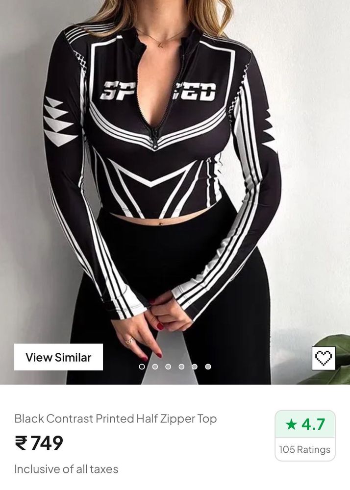 Black Contrast Printed Half Zipper Top