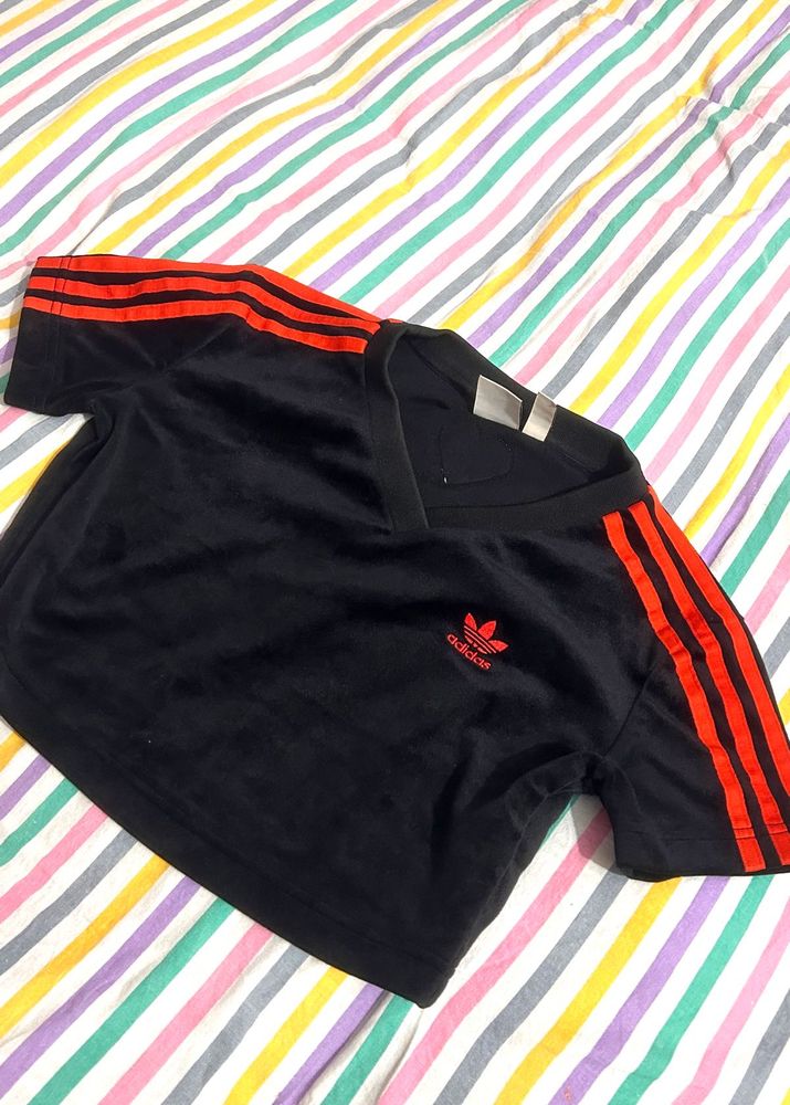 Adidas Black &amp; Red Striped Crop Top