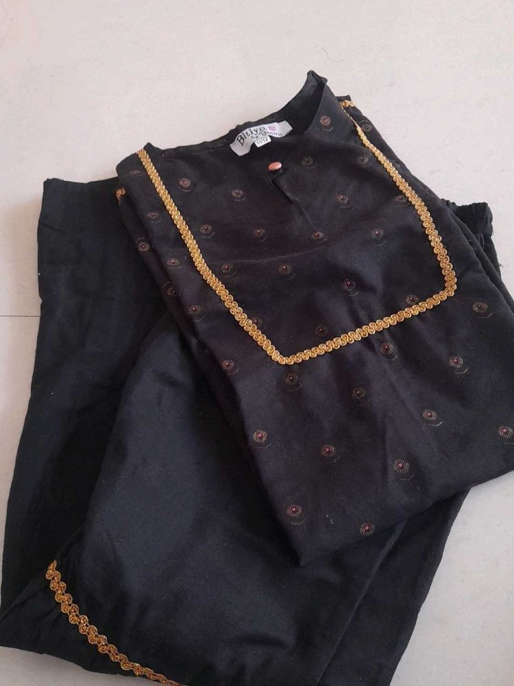 like New  Elegant Black Kurta Set with Gold Trim