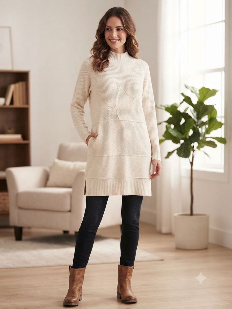 Cream Ribbed Knit Sweater Tunic