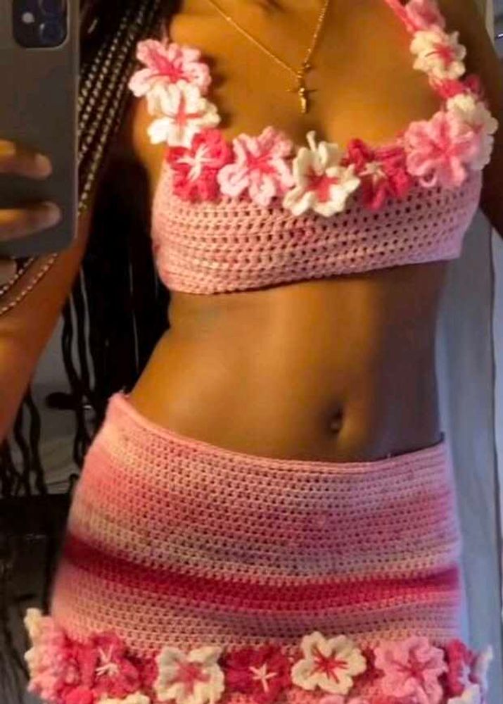 Pink Crochet Flower Mini Skirt top Set