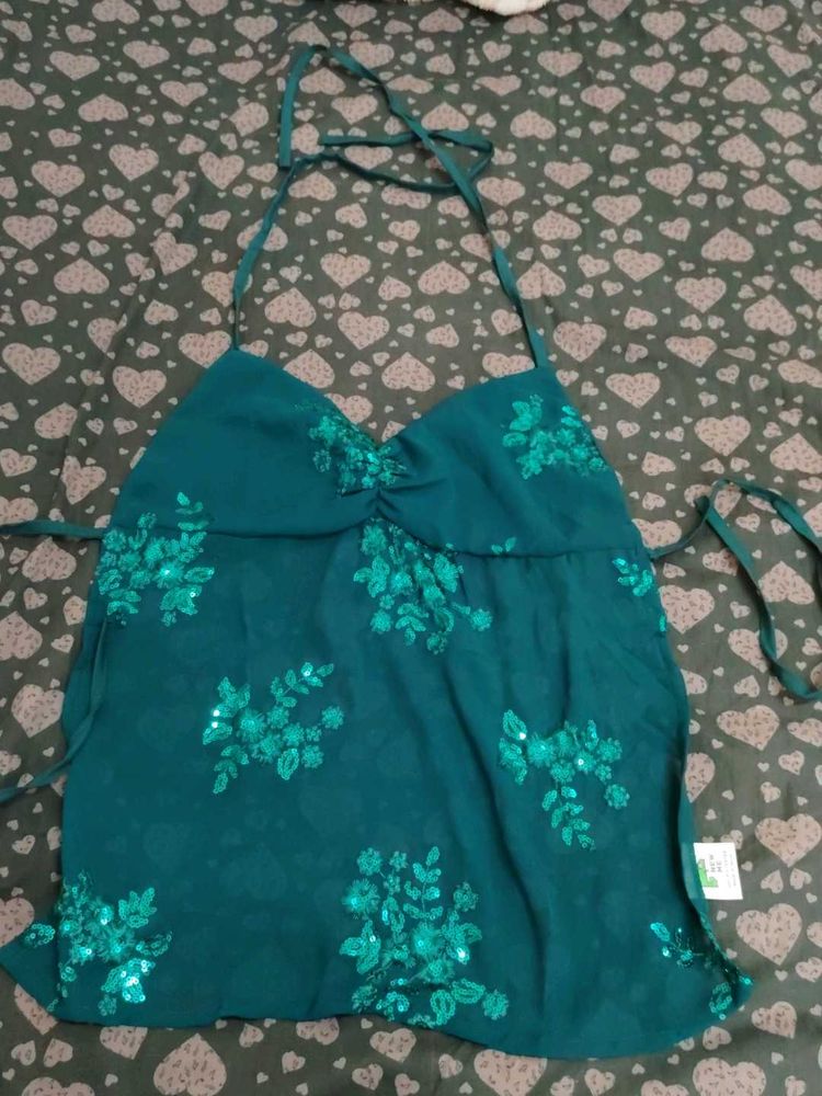 Teal Sequin Floral Halter Top