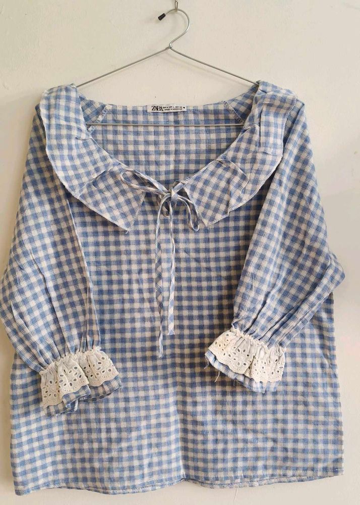 Blue Gingham Ruffle Neck Top